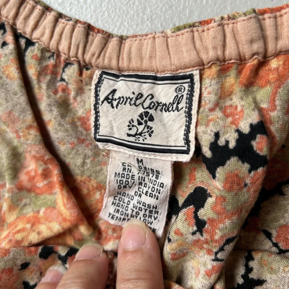 April Cornell Midi Skirt Size M Orange Floral Paisley‎ Boho Elastic Waist